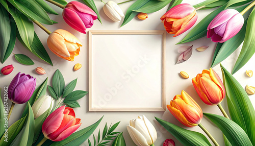 Top view of a blank white square frame mockup surrounded by vibrant colorful tulips and green leaves