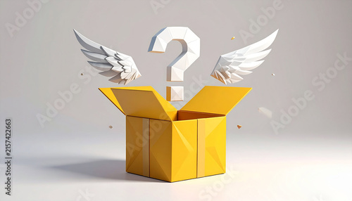 Mystery Surprise Concept with a White Question Mark and Wings Emerging from an Open Yellow Box