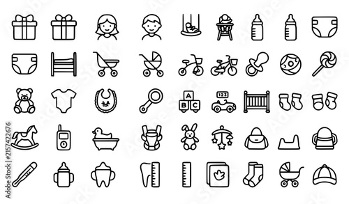 Baby Care Kids Toys Diaper Bottle Gift Girl Boy Editable Line Icons Vector Set