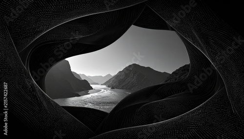 Surreal Black and White View of a Mountainous River Landscape Framed by Abstract Organic Textures