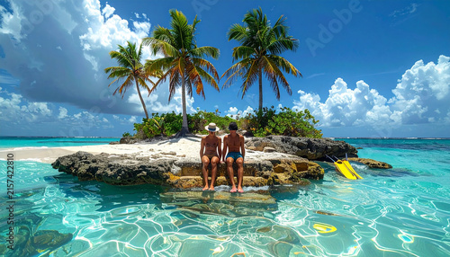 Young romantic couple enjoying vacation on a secluded tropical island with turquoise clear water
