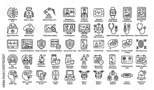 Medical Technology AI Healthcare Telemedicine Wearable Editable Line Icons Vector Set