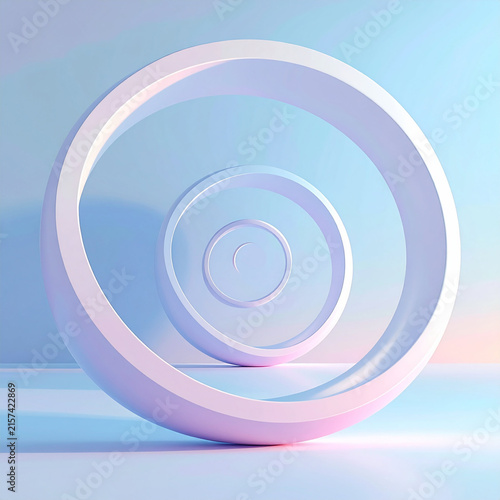 3D Abstract Background with Minimalist White Concentric Circles and Soft Pastel Blue Pink Gradient