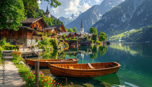 Scenic Hallstatt Village by Lake Hallstatt with Wooden Boats and Snow-Capped Alpine Mountains, Austria