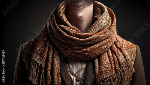 Woman wearing brown scarf and jacket.