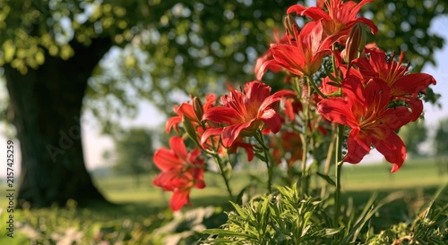 Vibrant red blossoms bloom in a sun-drenched garden, framed by an old tree