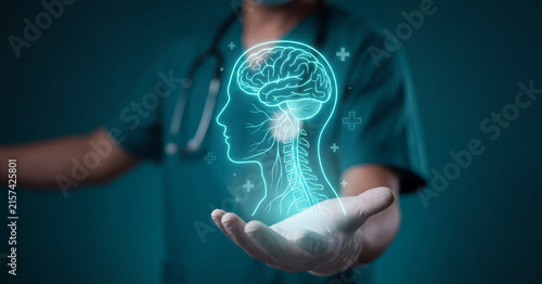 Brain anatomy diagram glowing blue held by medical doctor wearing sterile gloves during a professional neurology clinical healthcare examination session