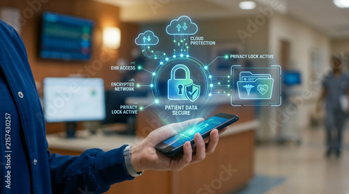 Healthcare professional holding a smartphone featuring a digital cybersecurity interface for patient data security, encrypted networks, EHR access, and cloud protection in a clinic.