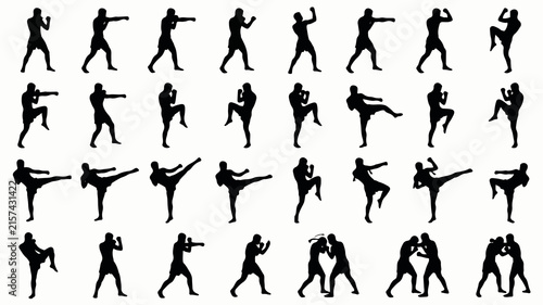 Black silhouettes of martial arts fighters practicing kickboxing and Muay Thai movements including strikes and stances on white background