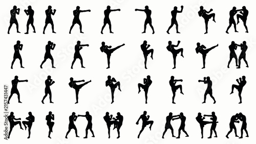 Martial arts fighter silhouettes collection showing various combat stances and striking techniques isolated on white background