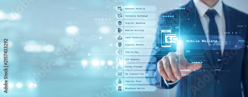 Cuadro en lienzo Banker's point of Mobile Wallets payment concept, contactless digital transactions provide secure and convenient financial access