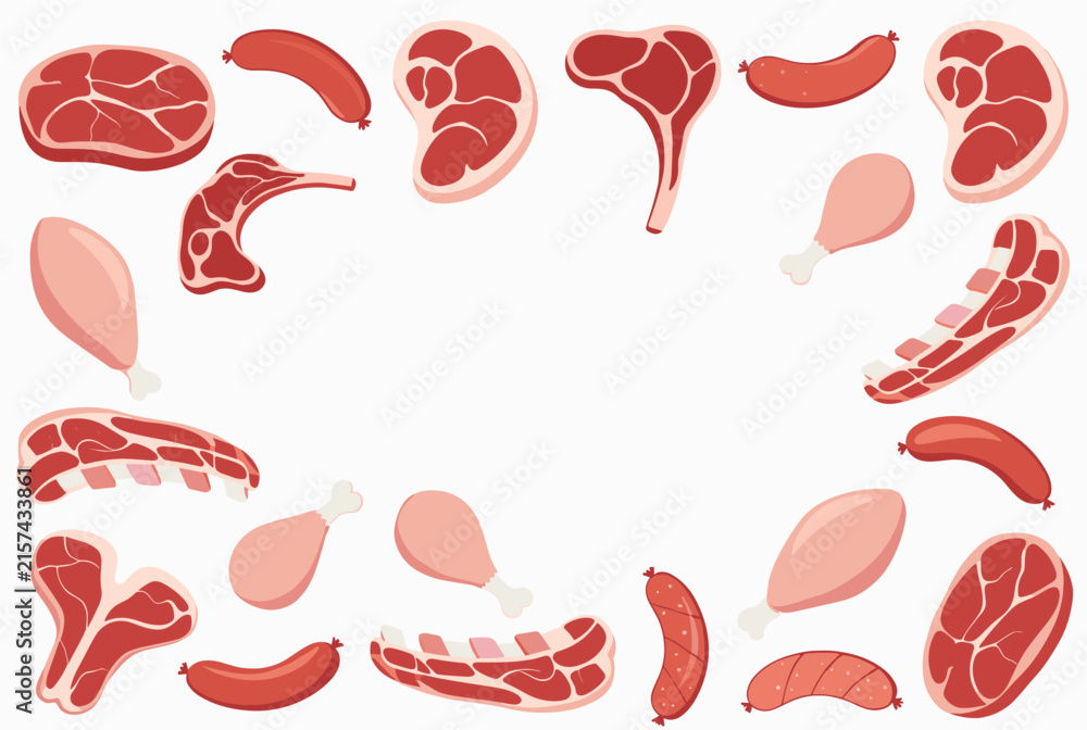 Fototapeta premium Comprehensive collection of raw meat items including beef steaks, pork chops, chicken drumsticks, ribs, and sausages.