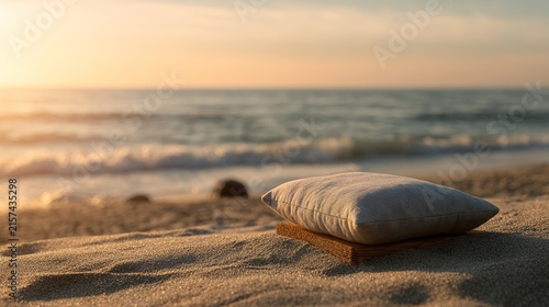 yoga. Peaceful beach sunset scene with a meditation cushion and serene ocean backdrop. inspiring travel planning, wellbeing guides, designed for coaching and self-improvement content, used by chefs.