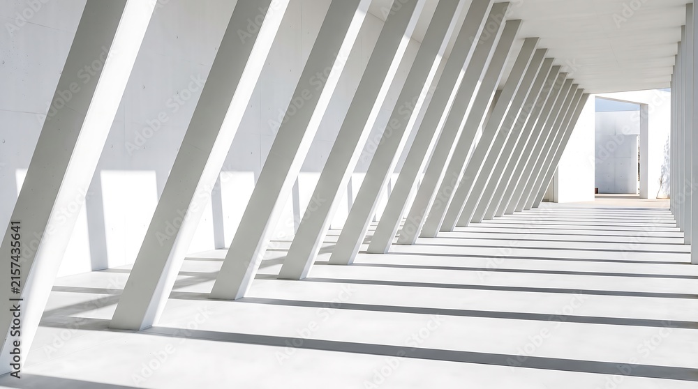 Naklejka premium Rhythmic architectural 3D background featuring smooth white geometric pillars slanting at a uniform angle with long shadows.