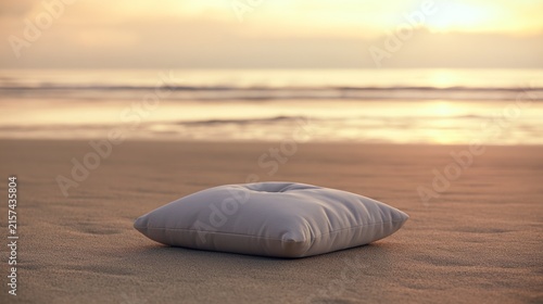 yoga. Peaceful beach sunset scene with a meditation cushion and serene ocean backdrop. inspiring travel planning, wellbeing guides, designed for coaching and self-improvement content, used by chefs.