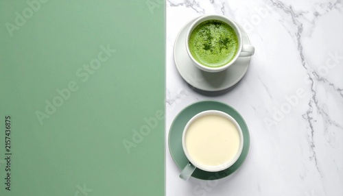 Fototapeta カフェの抹茶ラテと抹茶ドリンクの真俯瞰 上質な空間を演出するフラットレイ画像