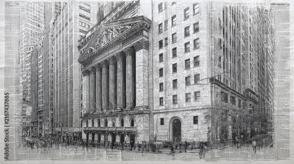 Obraz premium Halfton newsprint style of New York Wall Street financial district with textured dot pattern, vintage newspaper aesthetic, urban architecture, iconic cityscape, and trading atmosphere