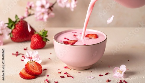 Tapety artystyczne 舞い散る桜の花びらと注がれるピンクのイチゴミルク・春のカフェイメージ