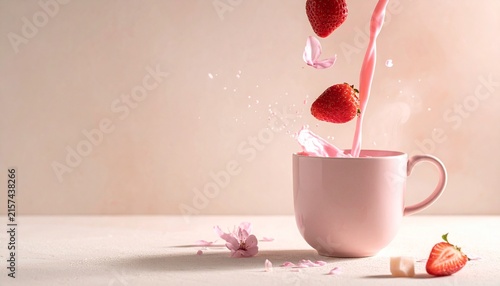 Plakat 舞い散る桜の花びらと注がれるピンクのイチゴミルク・春のカフェイメージ