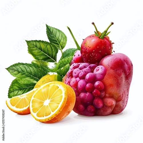 Fresh strawberries and mint leaves on white background.