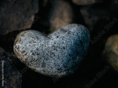 Close-up of a naturally heart-shaped stone among darker rocks, creating a simple nature-inspired symbol of love.