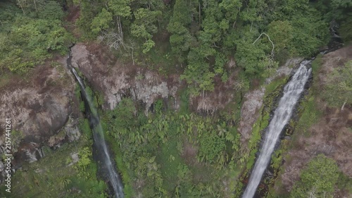 Breathtaking Aerial View of Majestic Waterfalls Surrounded by Lush Green Forest Canopy in Tropical Paradise