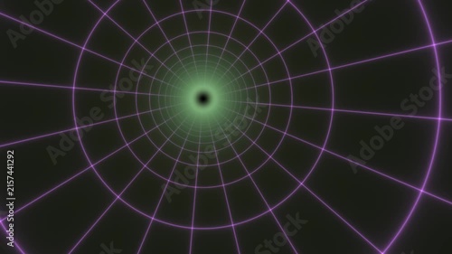 Abstract Tunnel With Purple Neon Circular Grid Moving Through Dark Space