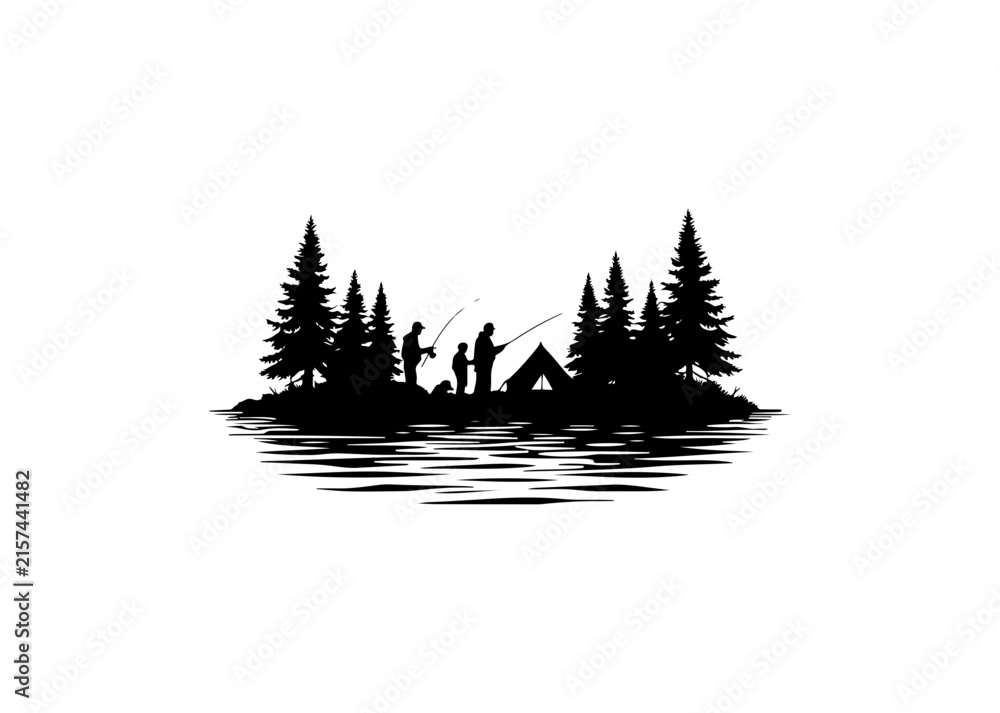 Obraz premium Black and white silhouette of people fishing on a small island surrounded by water and pine trees fishing scene