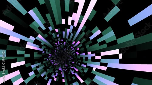 Abstract tunnel with spinning green and pink geometric blocks in motion
