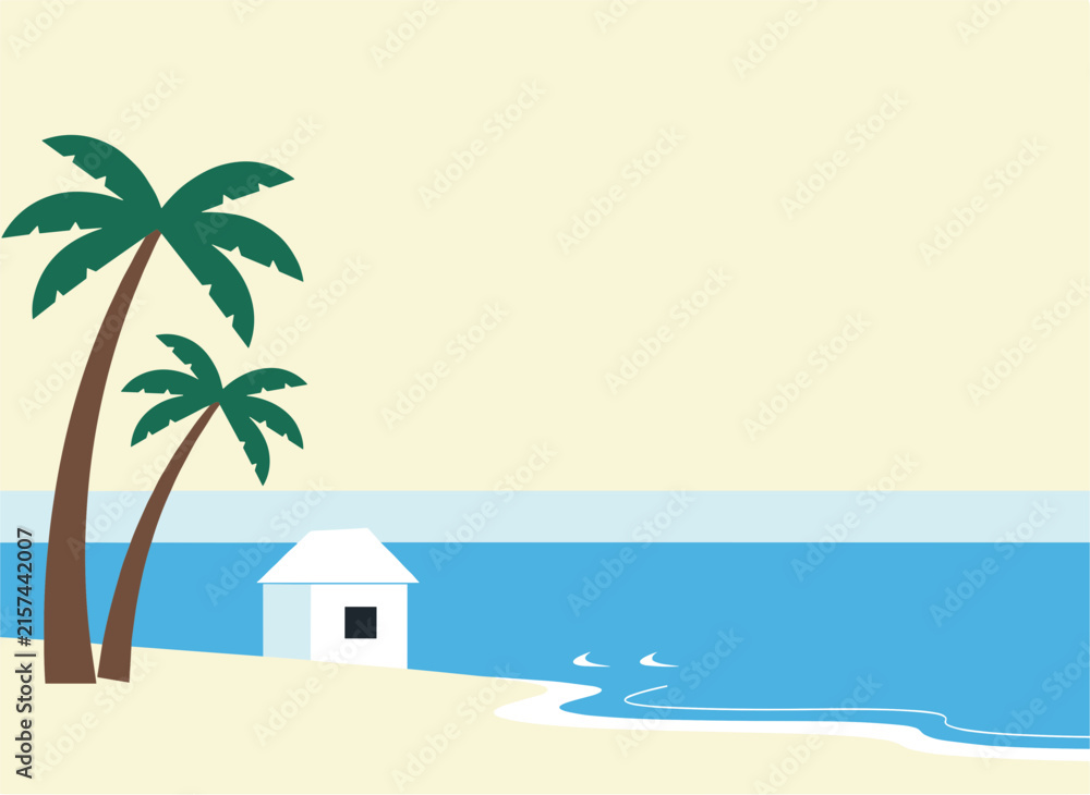 Fototapeta premium Minimalist beach landscape featuring tall palm trees near a small white house by the calm blue ocean during a bright sunny day.