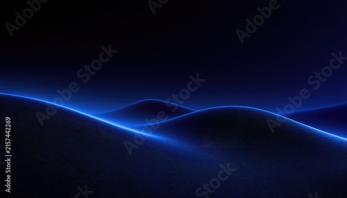 Dark landscape with glowing blue waves of light against a black sky