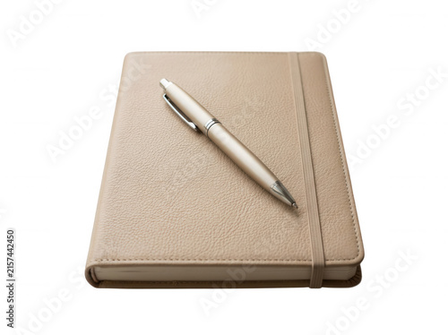 Beige leather journal with matching pen isolated on transparent background