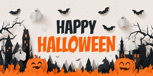 Happy Halloween Festive Greeting with Pumpkins and Autumn Decorations