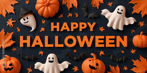 Happy Halloween Festive Greeting with Pumpkins and Autumn Decorations