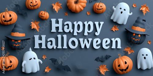 Happy Halloween Festive Greeting with Pumpkins and Autumn Decorations