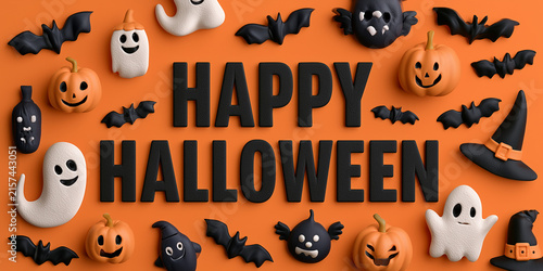 Happy Halloween Festive Greeting with Pumpkins and Autumn Decorations