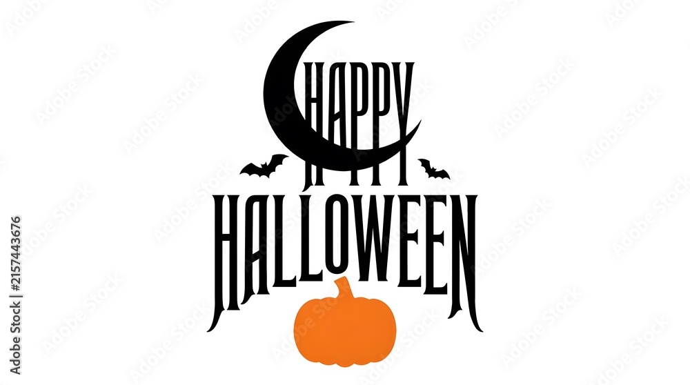 Obraz premium Happy Halloween text design with crescent moon, bats and orange pumpkin icon