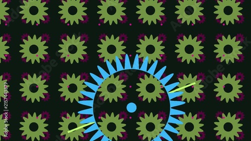 Blue gear rotates across a dark background pattern of green gears.