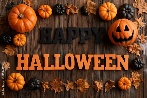 Happy Halloween Festive Greeting with Pumpkins and Autumn Decorations