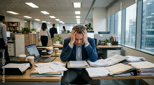 Stressed Businessman Overwhelmed by Workload in Busy Office
