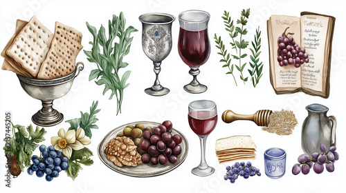 Rosh Hashanah clipart. Jewish new year attributes, illustrations of the elements used to celebrate new year: pomegranate, honey, shofar and kidush