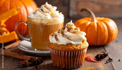 Pumpkin spice latte and frosted cupcake with autumn pumpkins on rustic wood surface