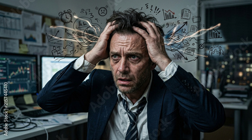 Stressed businessman overwhelmed with work, financial charts, brainstorming doodles