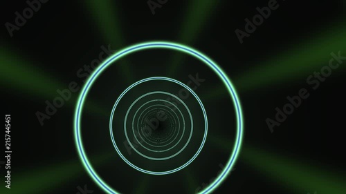 Glowing green rings tunnel abstract motion background for digital light