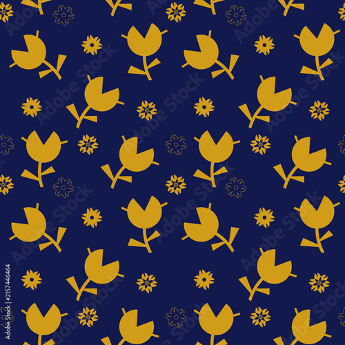 Seamless Pattern with Geometric Mustard Yellow Folk Flowers and Stylized Tulips on Dark Navy Blue