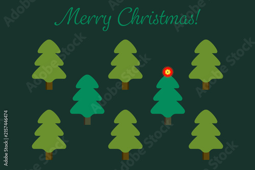Merry Christmas Card Layout with Geometric Pine Tree Grid and Poinsettia Star Topper Accent