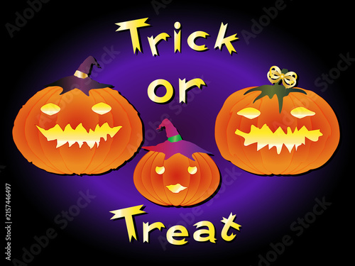 Trick or Treat Halloween Graphic with Pumpkin Family Characters Glowing Typography and Dark Purple Vignette