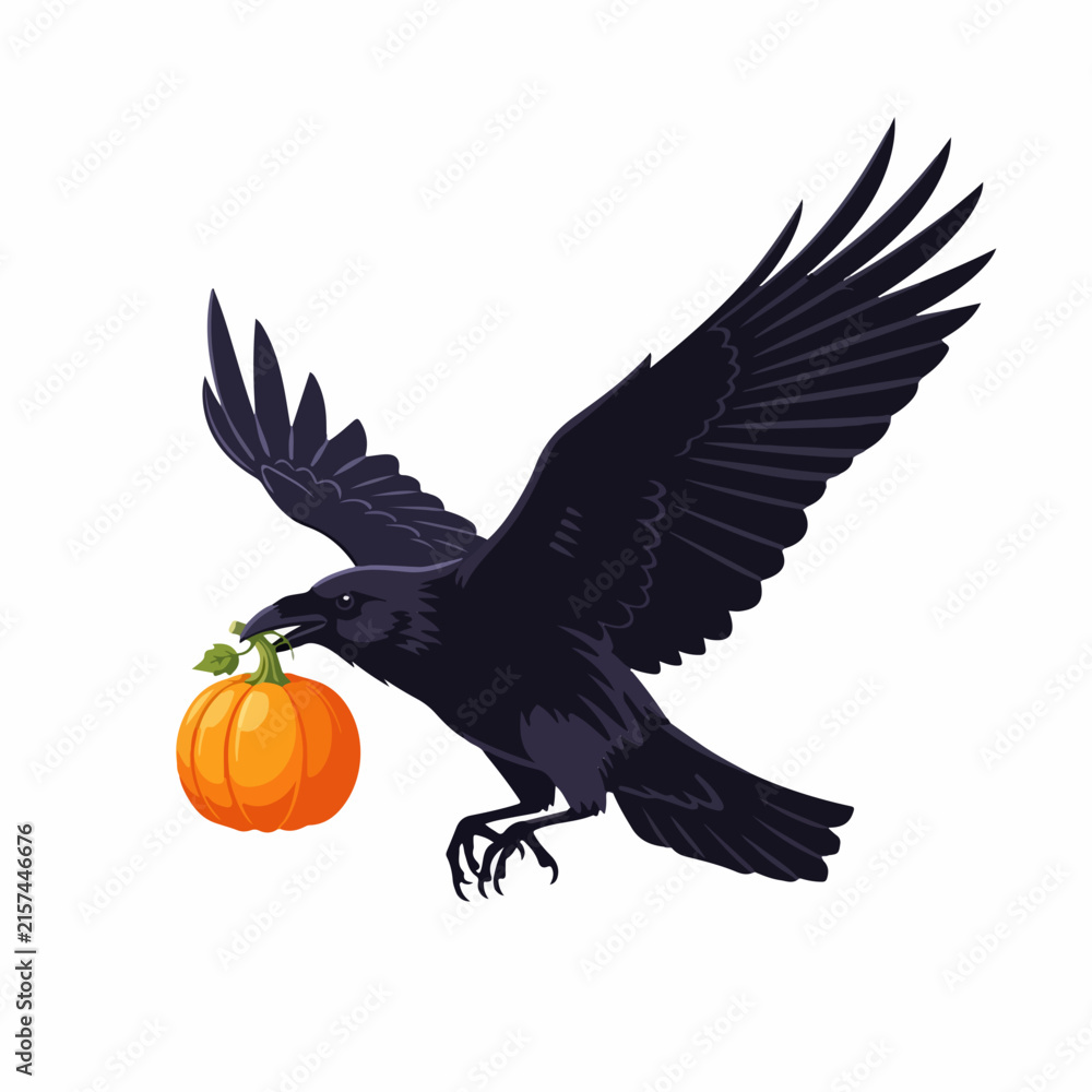 Fototapeta premium Raven Carrying Pumpkin for Halloween