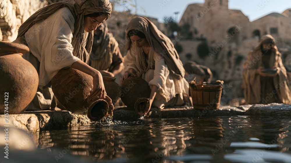 Fototapeta premium Women filling clay jars with water at an ancient stone well