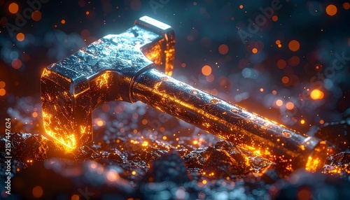 Glowing Molten Fantasy Hammer Resting on Burning Coals with Fiery Sparks and Dramatic Lighting